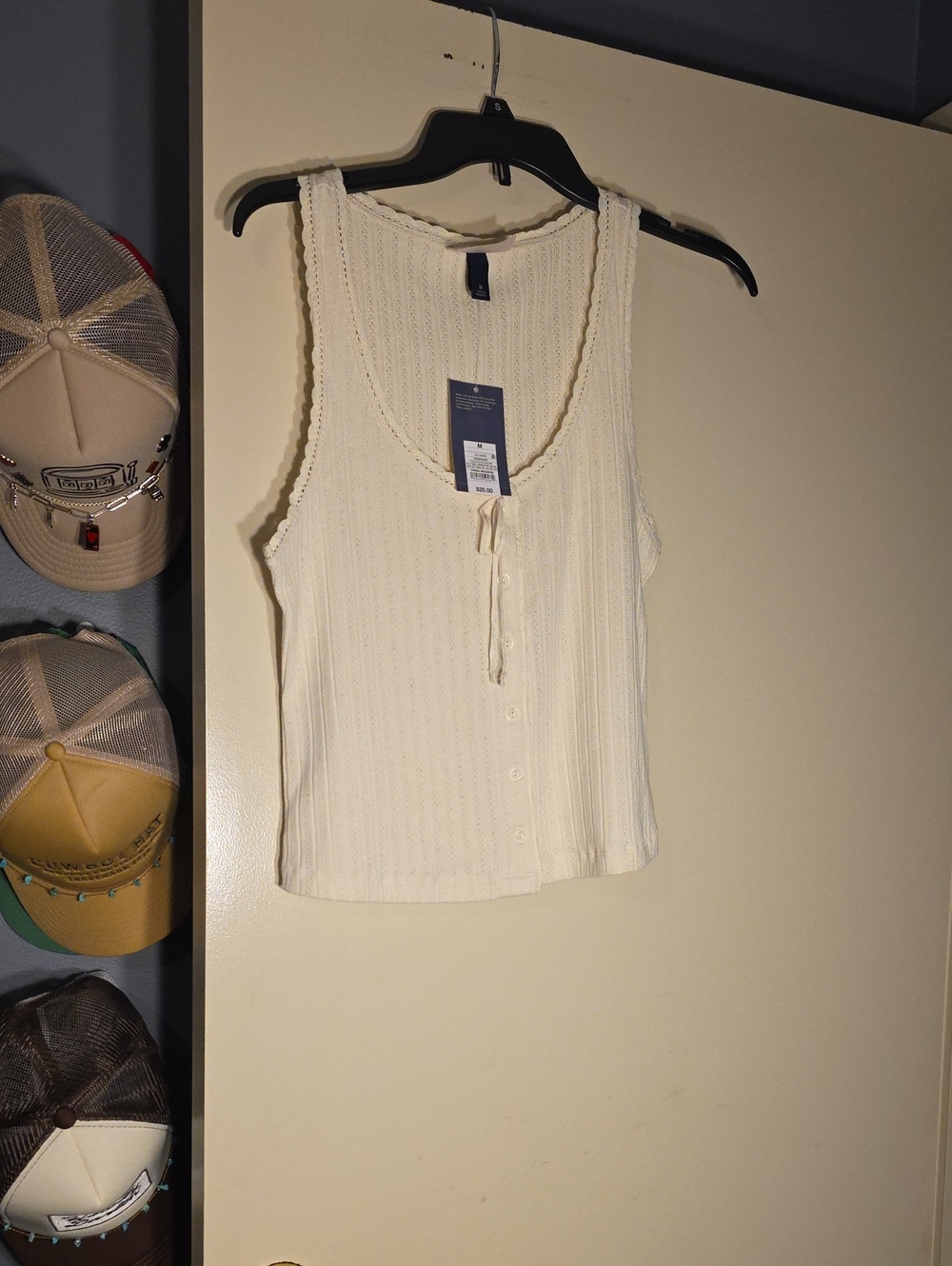 Universal Thread Cream Ribbed Button-Front Tank with Tie